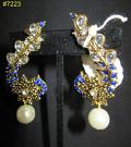 Golden Pretty Earrings w/ Star Blue Stones Dangling Pearl